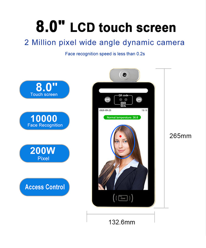 8 اینچ LCD Face Reading دمای دستگاه بیومتریک 512M DDR3 DC12V 2A